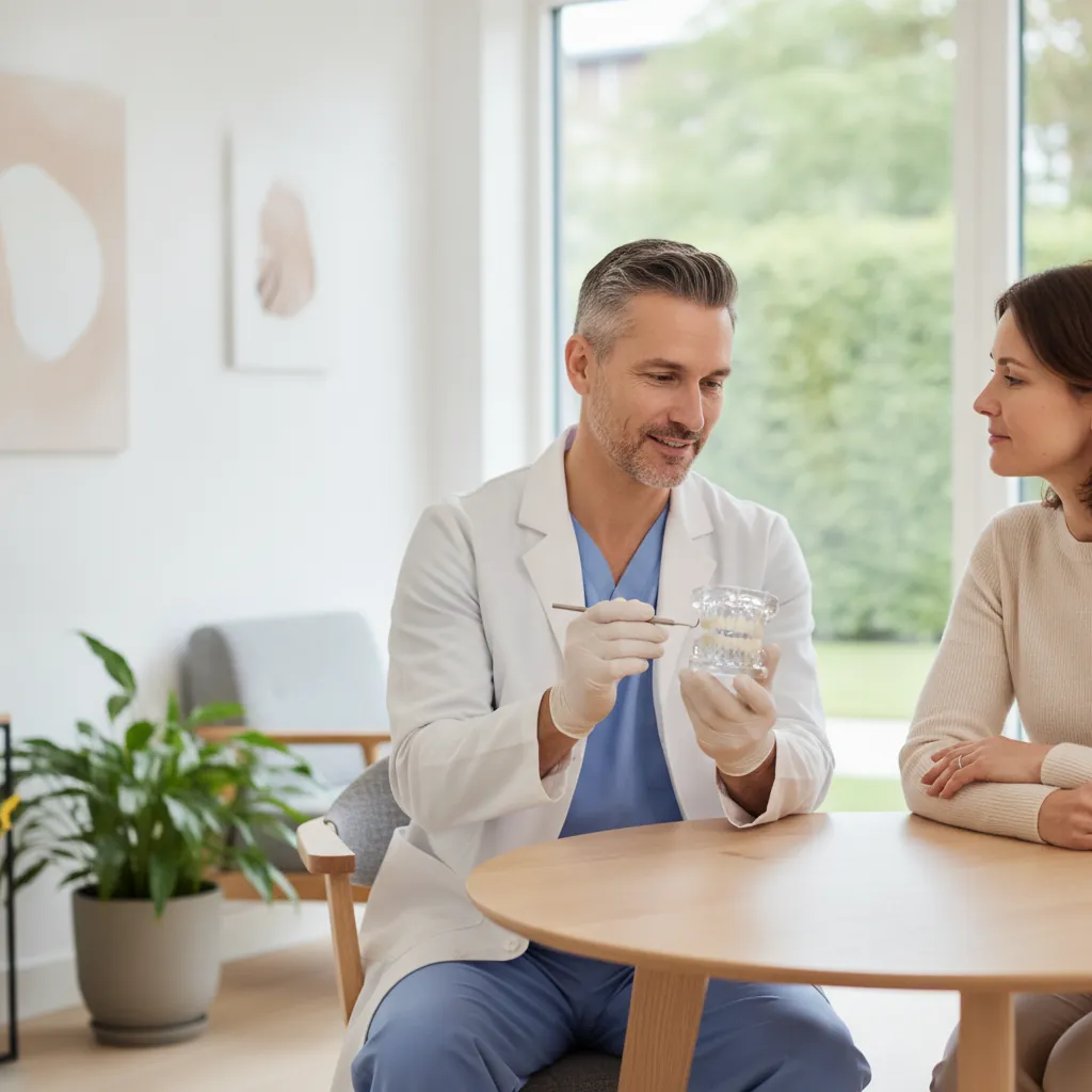 Dentist in a white coat holding a clear model of a lower jaw with teeth while explaining it to a woman across a round wooden table