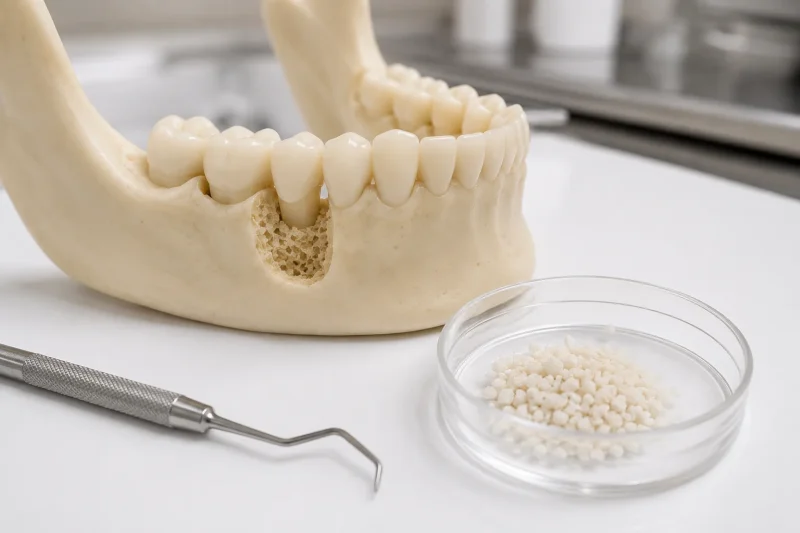 Anatomical jaw model with one missing tooth alongside dental bone graft material and a small instrument, illustrating bone grafting before a dental implant