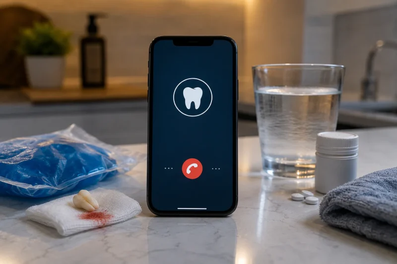 Smartphone on a kitchen counter at night with a generic call interface visible, illustrating the moment of deciding whether to call an emergency dentist or go to the ER
