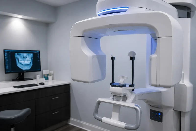 Modern Cone Beam CT (CBCT) dental scanner ready for a patient at a Syosset dental practice for implant planning and complex extraction imaging